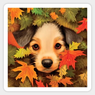 An Adorable Puppy in Beautiful Autumn Leaves Sticker